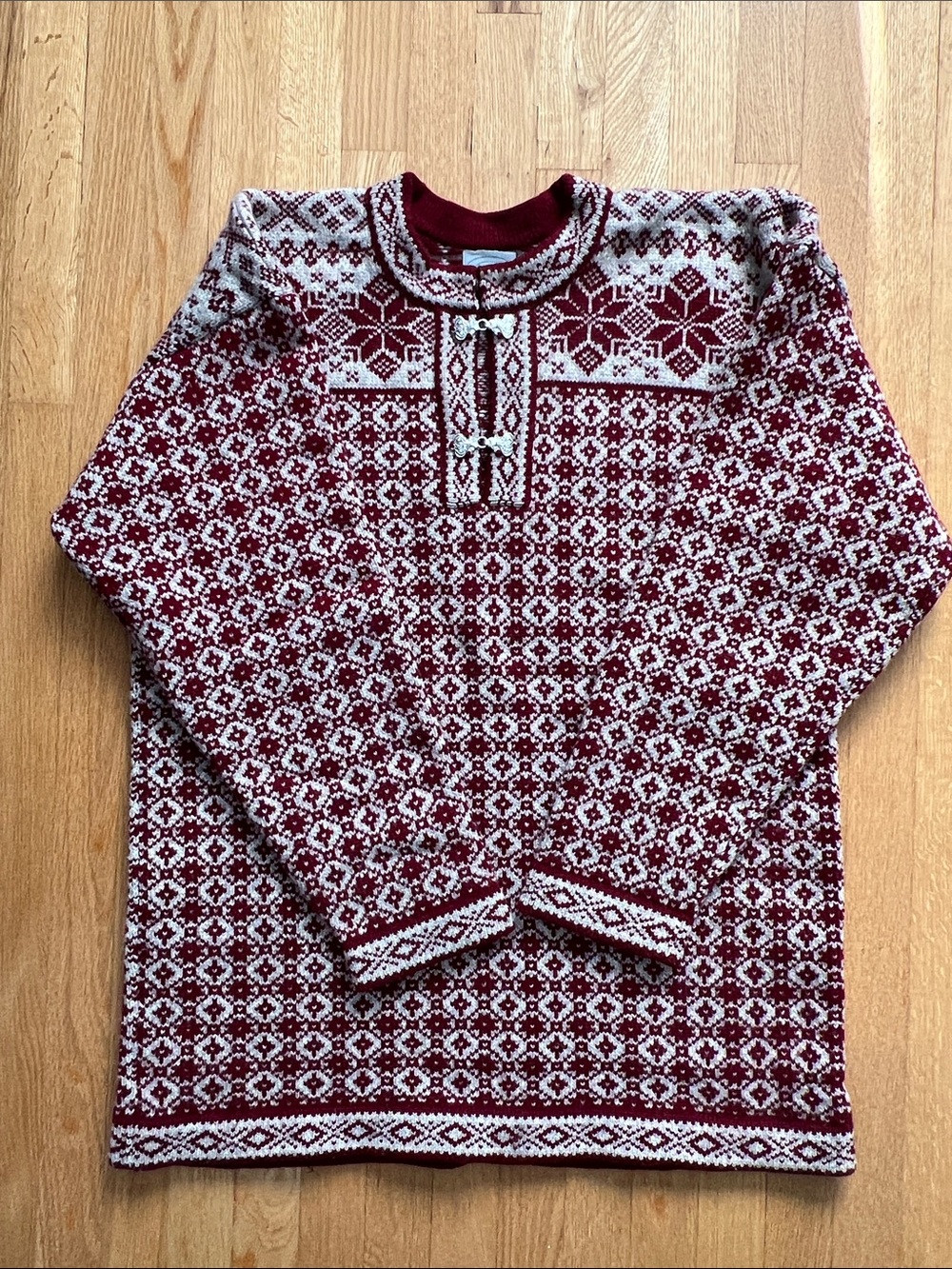 Unisex Vintage German-Made Red Nordic Pattern Wool Ski Sweater, Boxy Fit